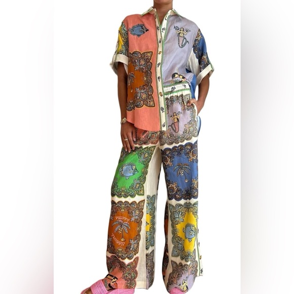 NEW Two Piece Linen Matching Pant Shirt Set Wide Leg, High Waist, Boho Style, XL - Picture 1 of 10